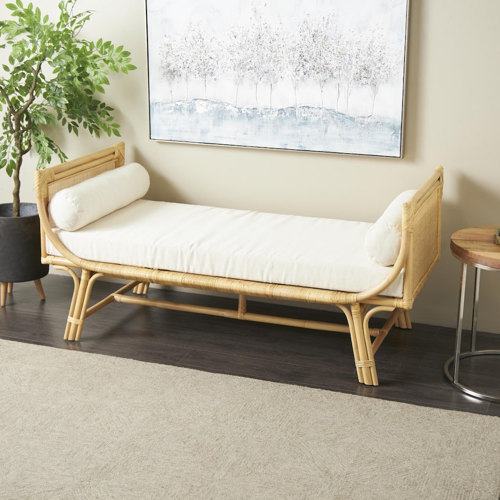 Light Brown Rattan Wrapped Home Bench with White Fabric Seat and Side Cushions