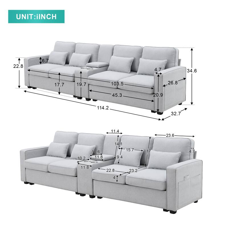 114.2" Linen Fabric Upholstered Sofa with 2 USB Ports and 2 Cupholders