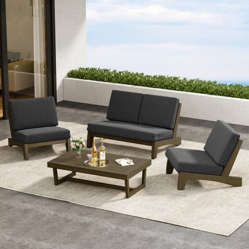 Patio 4 Pieces Teak Wood Conversation Set With Coffee Table - Dark Gray/Brown - Separate Cushion