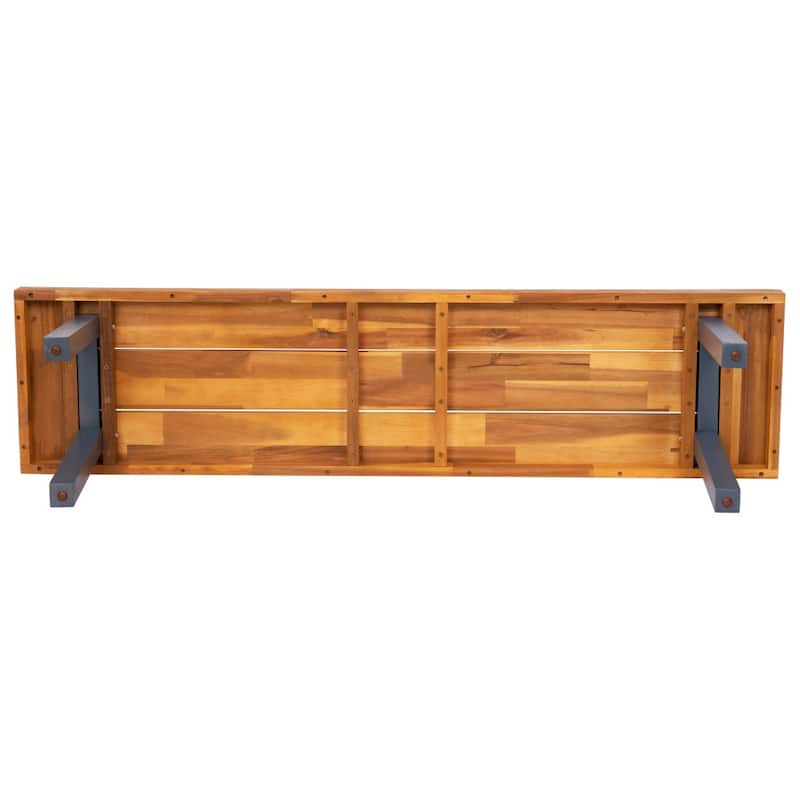 Indoor/Outdoor Solid Acacia Wood Slat Top Bench with Wood Legs