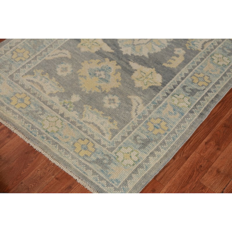 Hand Knotted Oriental 100% Wool Carpet Transitional Floral Greys & Charcoal Oushak Runner Rug - 14' 7'' X 3' 4''