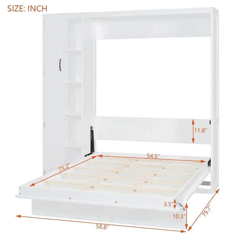 Full/Queen Size Murphy Bed Wall Bed with Small Wardrobe and LED Lights, Foldable Murphy Cabinet Bed with Storage Shelves