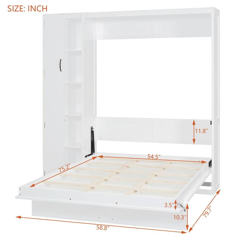 Space-Saving White Murphy Bed with Shelves, Wardrobe & LED Lights - Full Size