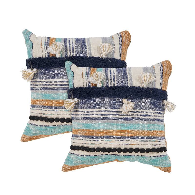Sevita Destin Blue/Multi Striped Tassled Cotton Throw Pillow, Set of 2