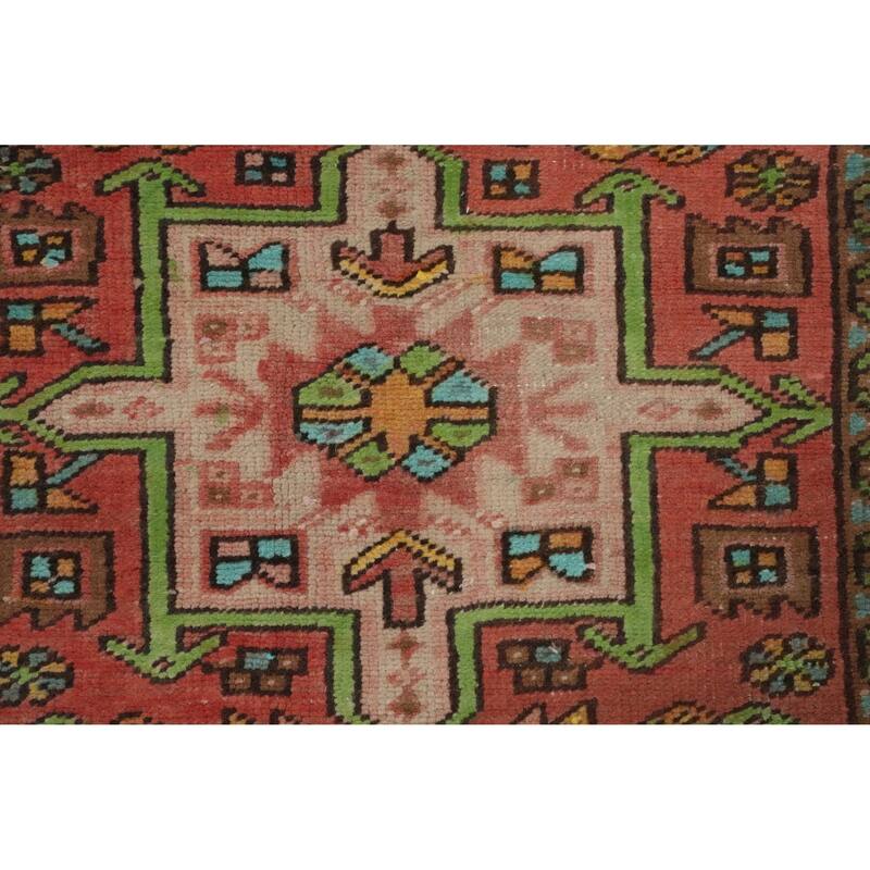 Hand Knotted Oriental 100% Wool Carpet Traditional Geometric Oranges & Rust Heriz Runner Rug - 10' 3'' X 3' 6''