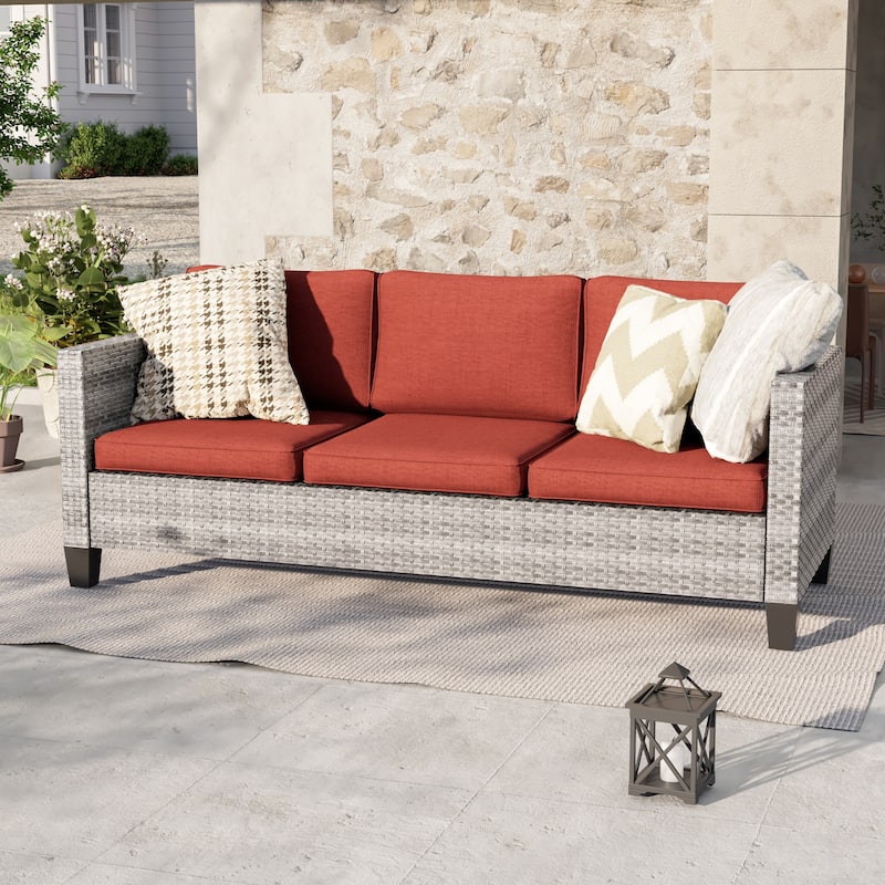 Livoosun Patio Outdoor Couch,3-Seater Furniture with Removable Cushion - Grey/Orange Red