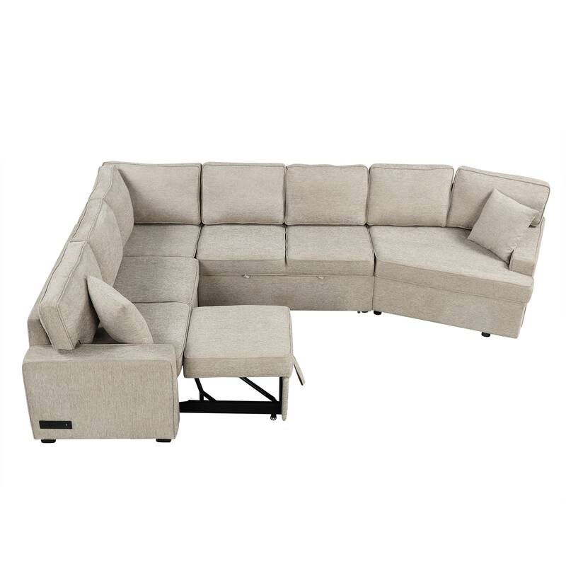 126" Chenille L-Shaped Sectional Sofa Bed with USB Charging