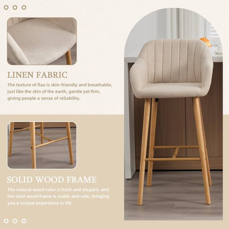 Linen Upholstered Ergonomically Designed Solid Wood Leg Tall Bar Stools(set of 2)