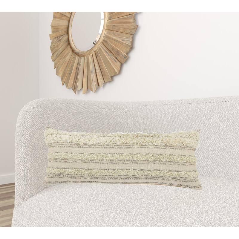 HomeRoots 14" X 36" Cream Gray And Gold 100% Cotton Striped Zippered Pillow