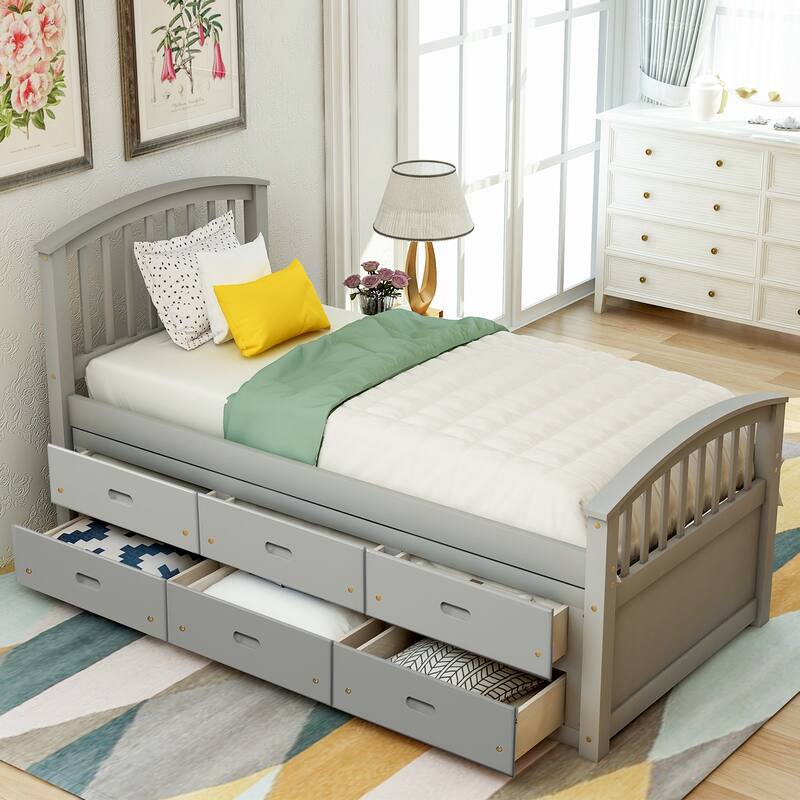 Twin Size Solid Wood Platform Storage Bed with 6 Drawers, Mattress Foundation