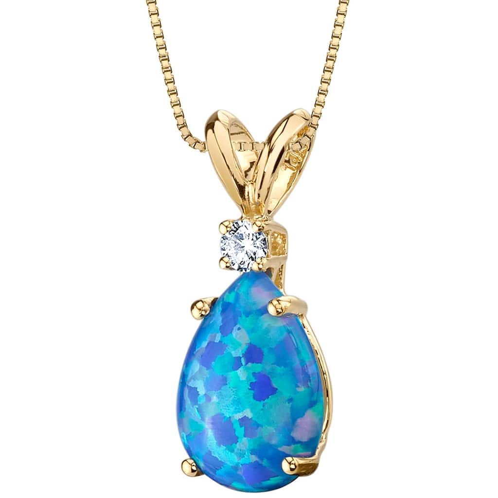 14k Yellow Gold Gold Pear Shape Created Blue Opal Diamond Pendant