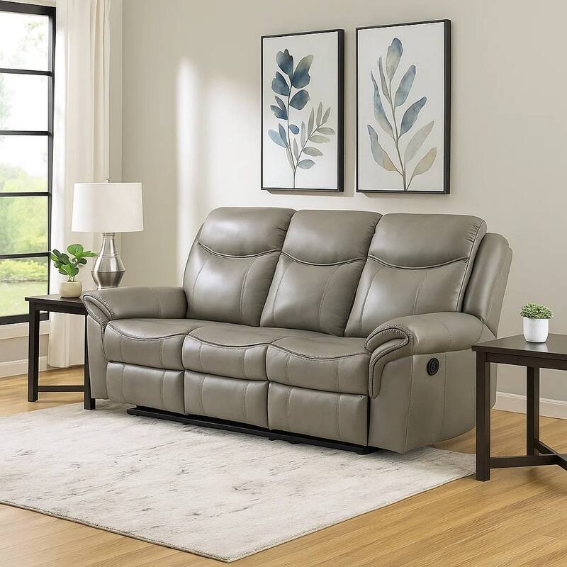 Max 80 Inch Dual Manual Recliner Sofa, Cupholders, USB, Gray Faux Leather