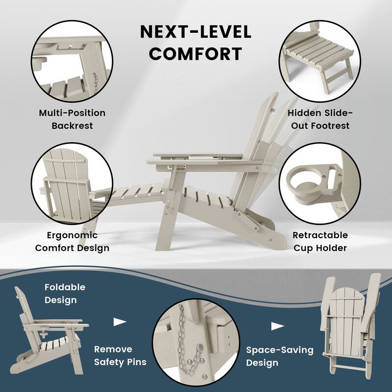 Laguna Outdoor 3-Piece Folding Adjustable Adirondack Chair with Hideaway Ottoman & Round Side Table