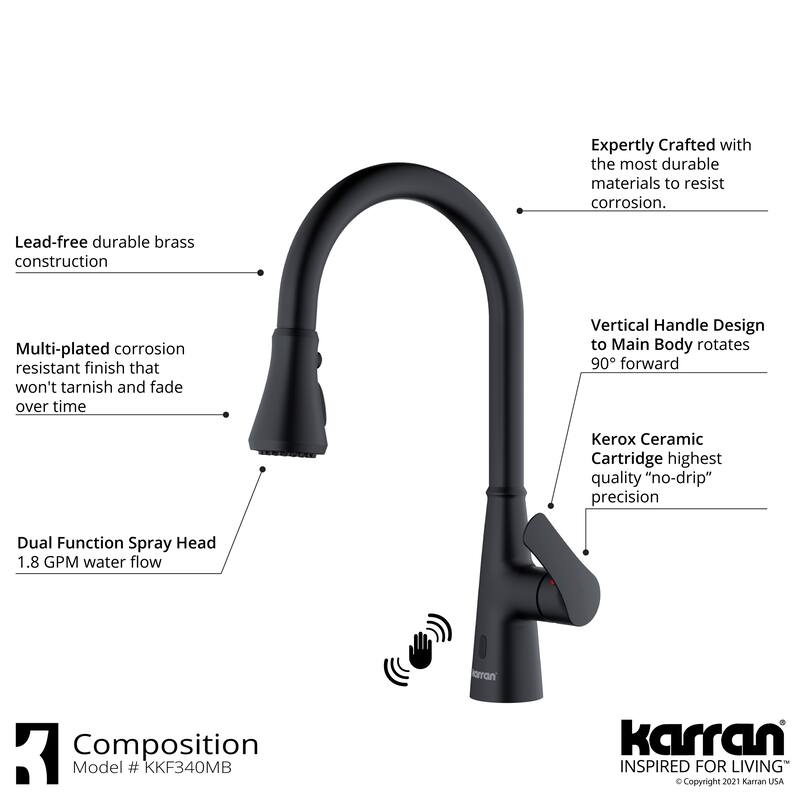 Karran 33" Top Mount Double Bowl 50/50 Quartz Kitchen Sink in Grey with Kitchen Faucet in Matte Black