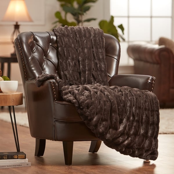 Chanasya Ruched Faux Fur Throw Blanket With Reversible Mink - 50 x 65 Inches - Mocha