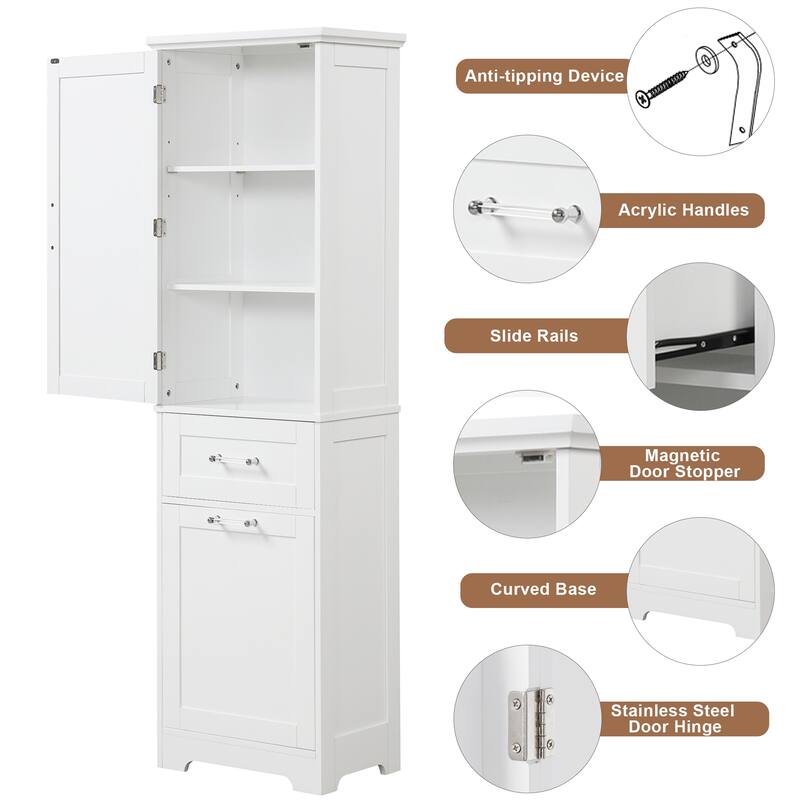 Modern Bathroom Storage Cabinet with Drawers and Adjustable Shelf, Freestanding Floor Cabinet with Acrylic Handles