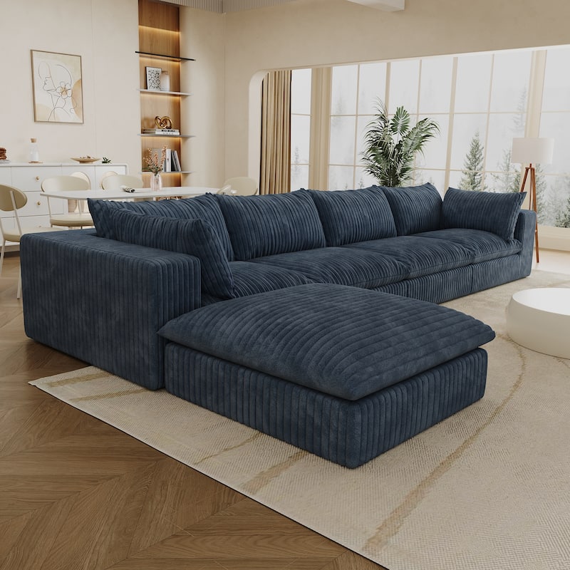 157.6" Blue Corduroy Fabric Sofa with Double - layer Design and Removable Cushions