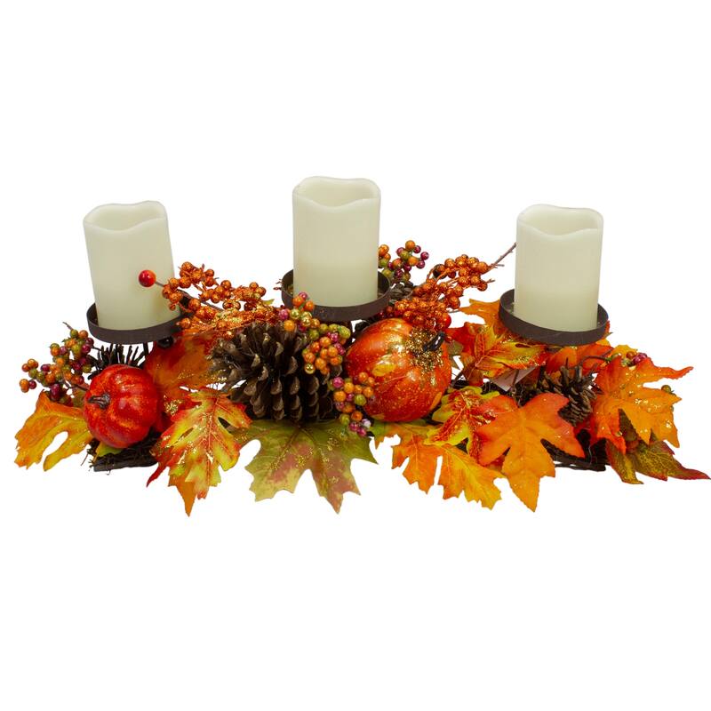 21" Orange Fall Harvest Leaves and Pumpkins Candle Holder