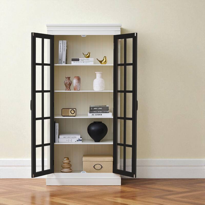71.2" Farmhouse Pantry Cabinet with Glass Doors, Adjustable Shelves, and Lattice Window Display