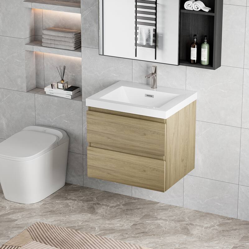 24" Wall-Mounted Floating Bathroom Vanity with Resin Sink, Soft Close Drawers, Natural Oak Cabinet, Pre-Assembled