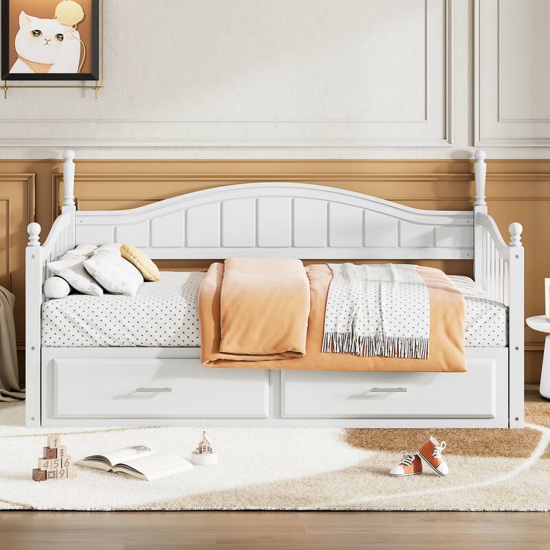 Twin to Full Extendable Daybed with Pull-out Trundle Bed & 2 Storage Drawers, Arc Shaped Hollow Huardrails on Both Sides - White - Twin