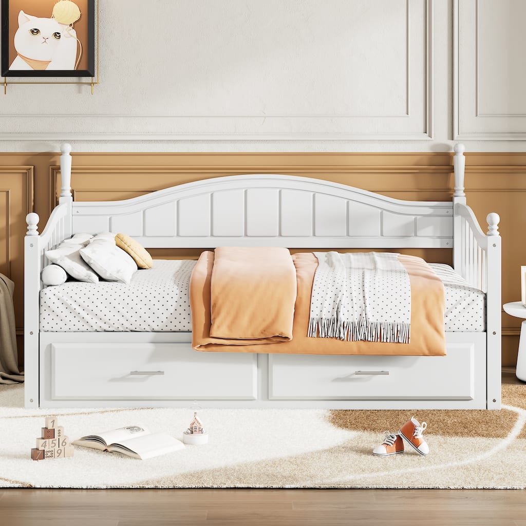 Mid-Century Modern Daybed with Extendable Twin Trundle, Storage Daybed with 2 Drawers, Curved Design Daybed Frame - White