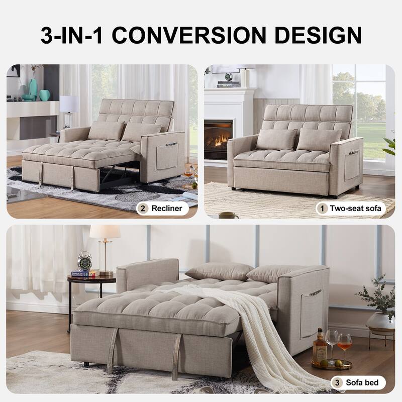 Modern 76" L 3-in-1 Multi-Functional Cream Sleeper Sofa with Iron Frame Pull-Out Loveseat