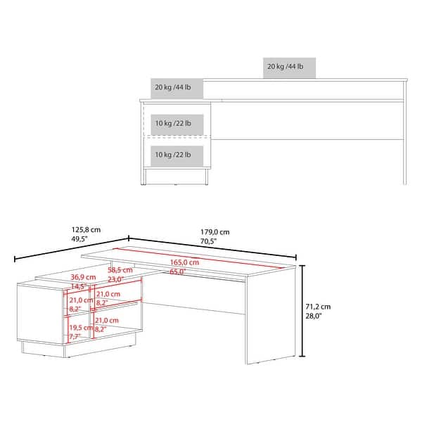 dimension image slide 1 of 2, 70" Wide L-Shaped Office Desk with Cabinet and Shelves, Freestanding Design