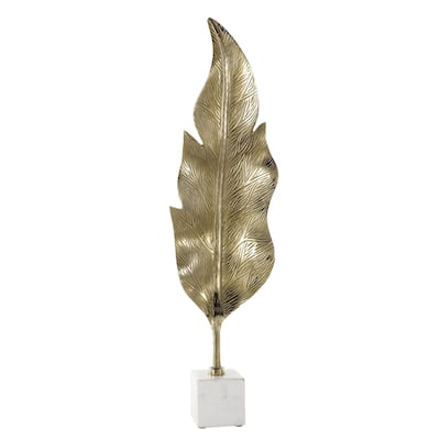 Aluminum Metal Leaf Tall Textured Decorative Sculpture with White Marble Base - Gold - Roche River Decor