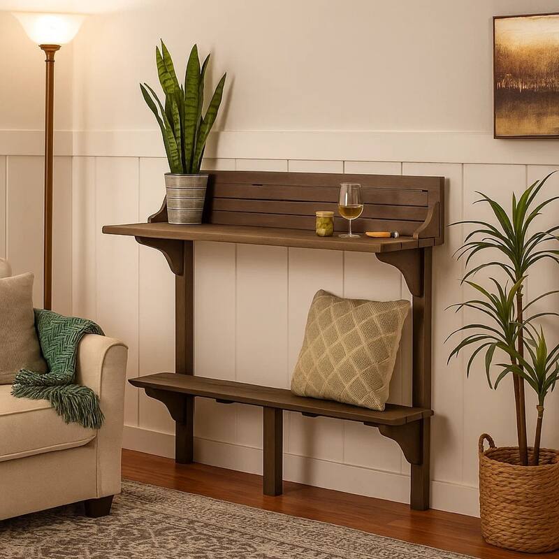 Outdoor Balcony Bar Table, Slim Design Gray Wood Frame, 50 Inch