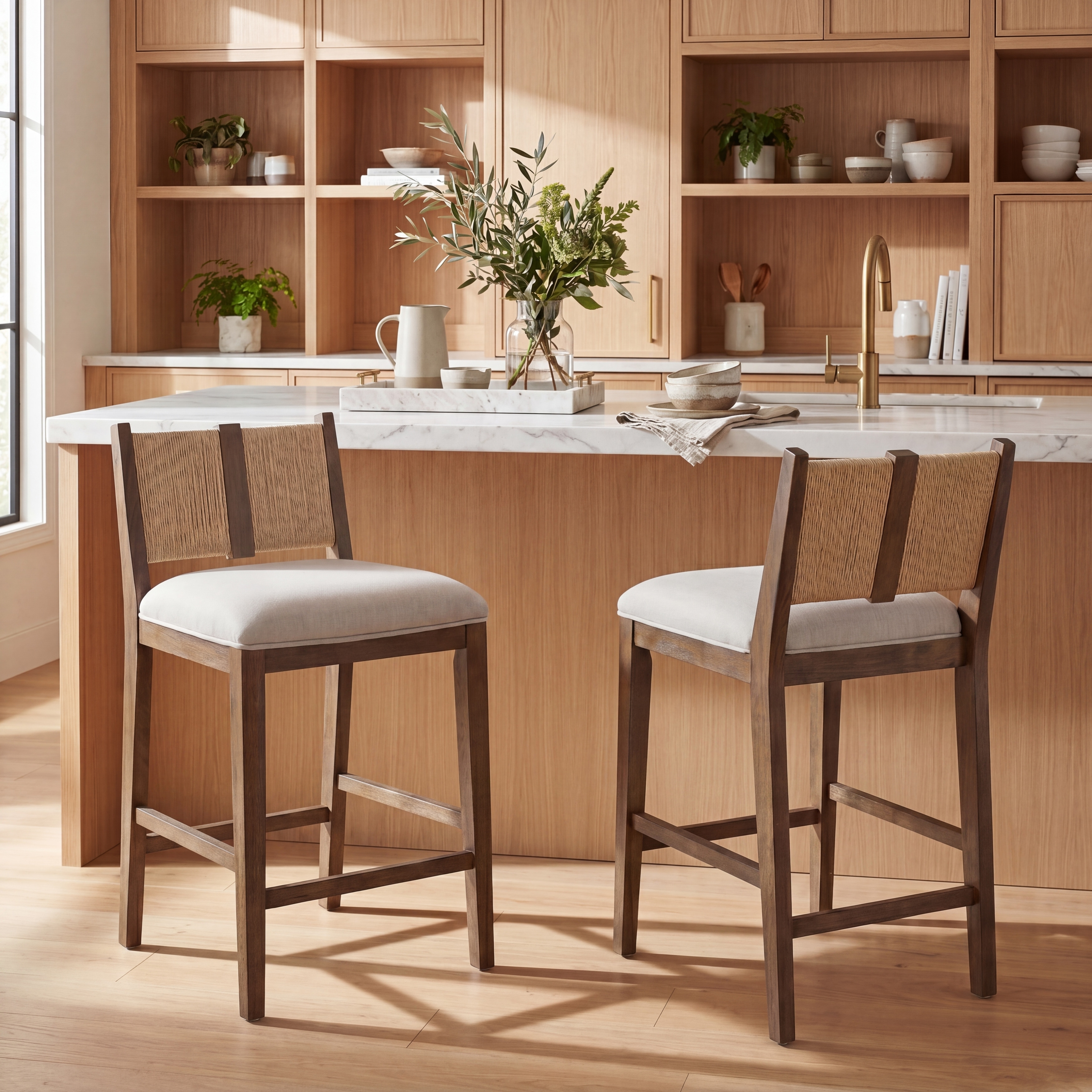 Christopher Knight Home - Counter Stool Rubber Wood with Woven Rope Back, Upholstered Seat, Footrest & Wooden Frame
