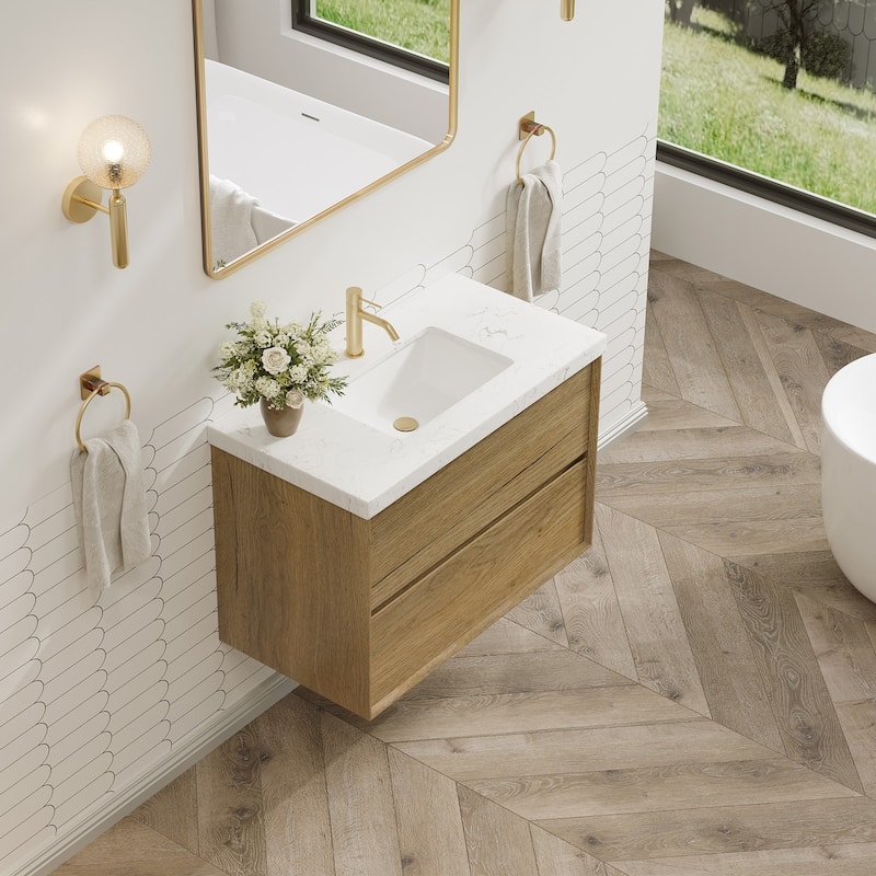 24"30"36"48"60"72" Floating Bathroom Vanity Engineered Stone Top with Rectangular Ceramic Undermount Sink