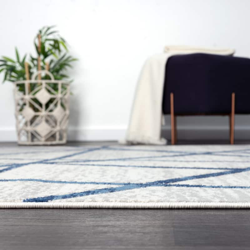 Abani Atlas Collection ATL130A Criss Cross Lines Blue Grey Area Rug