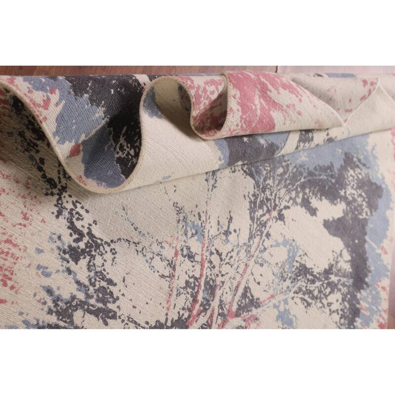 Nature Print Ivory Abstract Modern Area Rug Handmade Wool Carpet - 5'3" x 6'7"