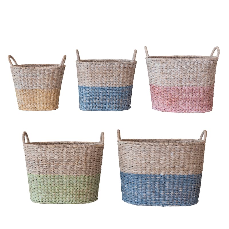 Various Woven Water Hyacinth and Rattan Dip Dyed Baskets, Set of 5 - 22.0"L x 16.0"W x 18.5"H