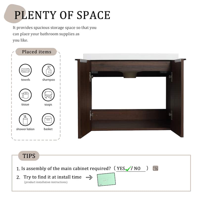 BNK 24"/30"/36" Single Sink Bathroom Vanity with Soft Close Door, Modern Floating Vanity