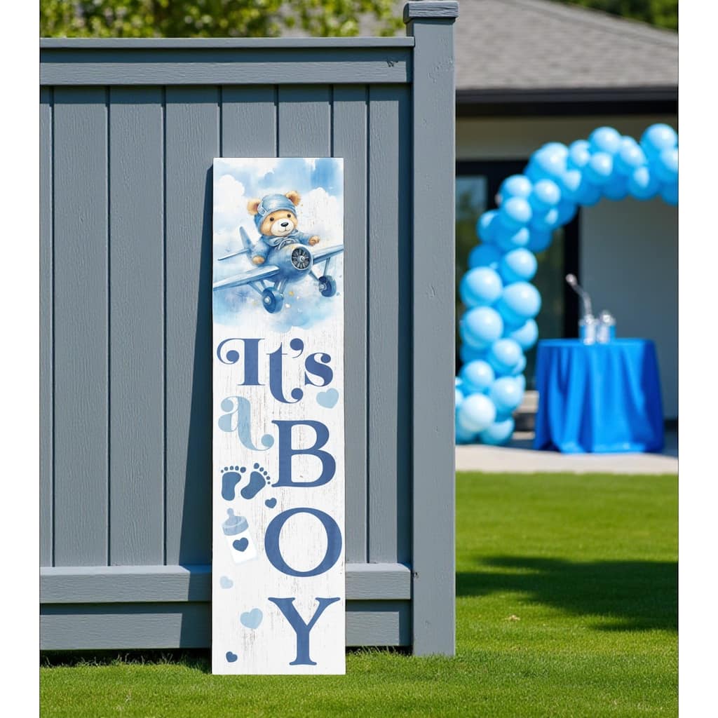 HomeRoots 36" Blue And White Solid Wood New Baby Porch Sign