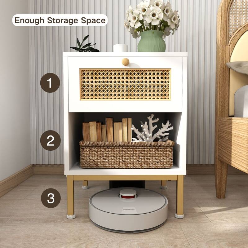 Rattan End Table/ Nightstand with Drawer, Farmhouse Boho Bed Side Table