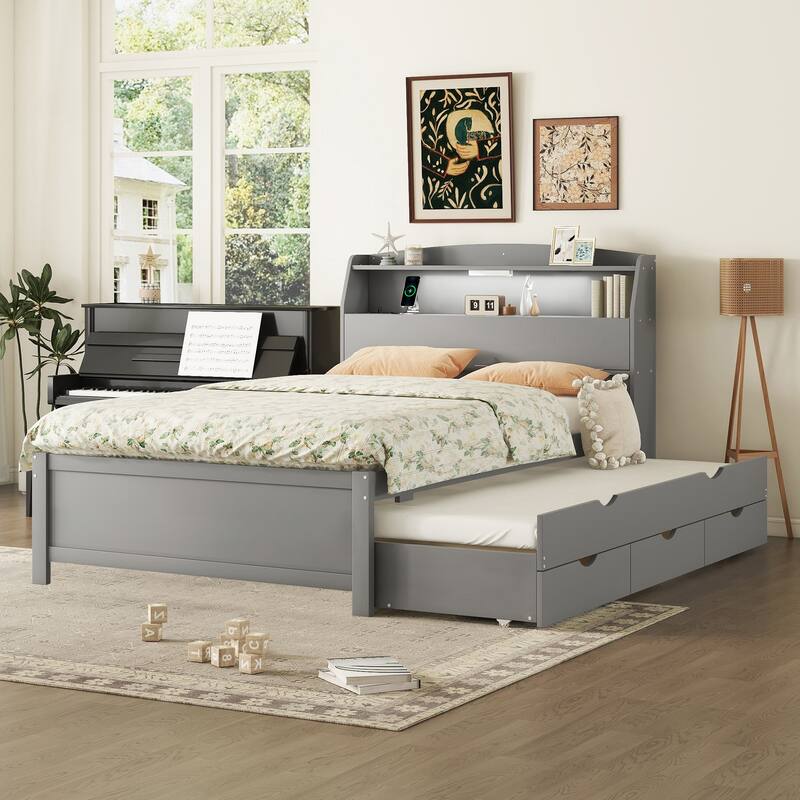 Full Size Gray Wooden Bed with LED Night Light, Trundle, and Under-Bed Storage Drawers