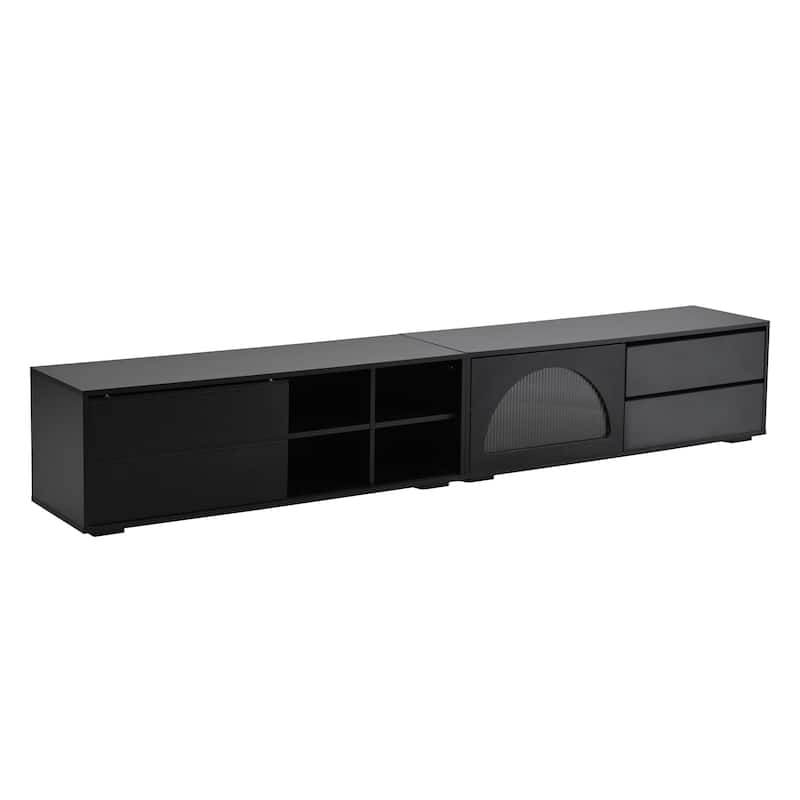 TV Stand with Fluted Glass Doors, Console Table with LED Light, Entertainment Center with 2 Drawers and Shelves