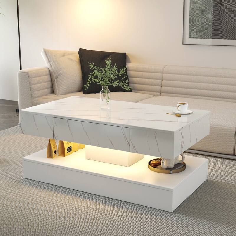 GDF Studio - Kei Modern 16.93"H LED Coffee Table with Storage Drawer for Living Room - White Marble