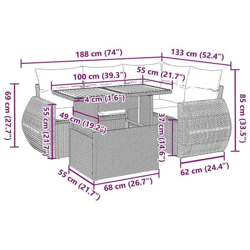 vidaXL Patio Sofa Set with Cushions Outdoor Furniture 5 Piece Poly Rattan - 24.4 x 24.4 x 27.2
