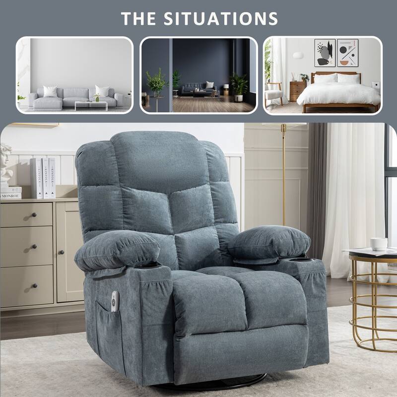 Oversized Rocker Recliner Massage Chair: 2 Cup Holders, USB Charge Port, Soft, 8 Point Vibration Massage, Heating, Rocking