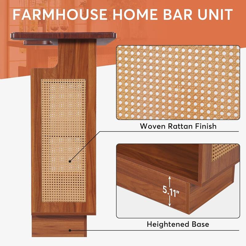Farmhouse Bar Unit, 4-Tier Rattan Home Bar Table with Stemware Racks