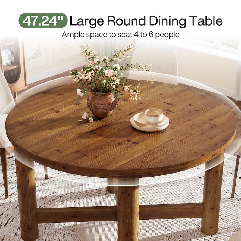 47 Inch Round Dining Table for 4-6, Solid Wood Kitchen Table, Farmhouse Style - 47.24" L x 47.24" W x 29.53" H