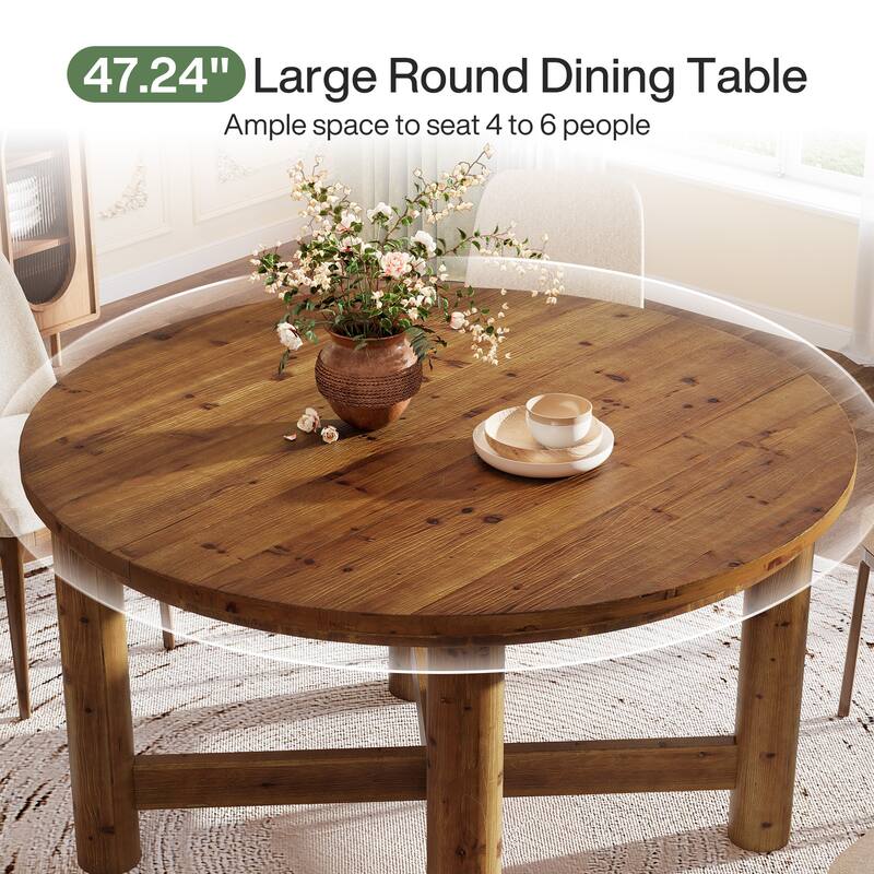 47 Inch Solid Wood Round Dining Table for 4-6 People, Farmhouse Style - 47.24" L x 47.24" W x 29.53" H