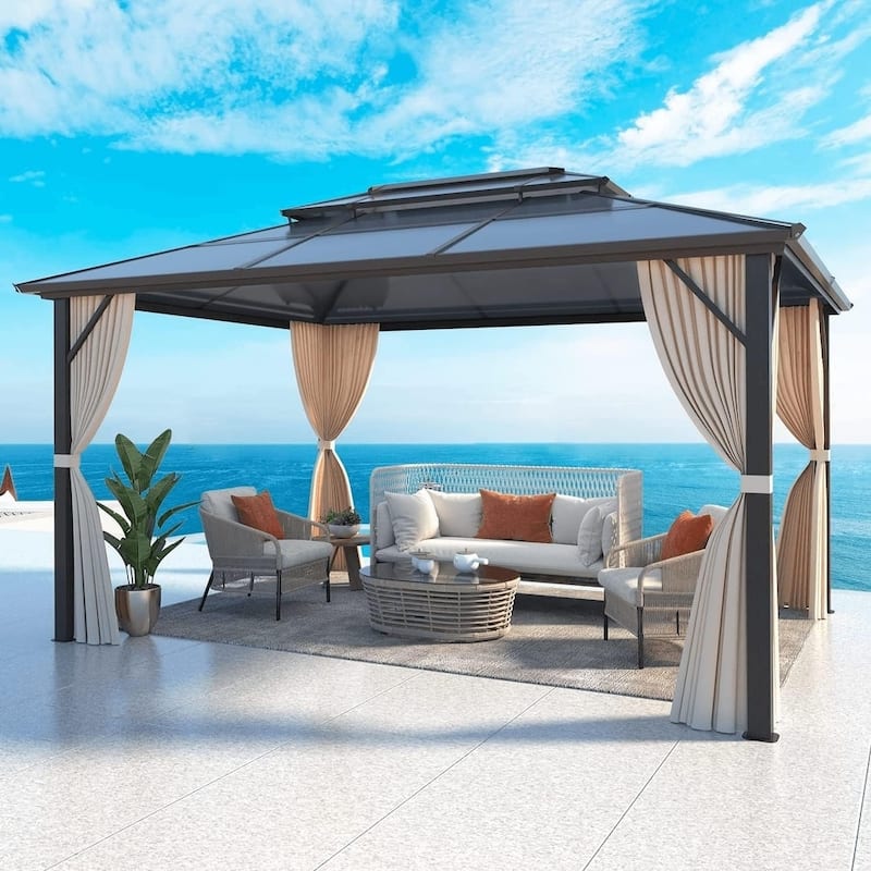 Outdoor Hardtop Gazebo for patio,Polyester Double Roof Canopy, Permanent Pavilion with Aluminum Frame,Curtains & Netting