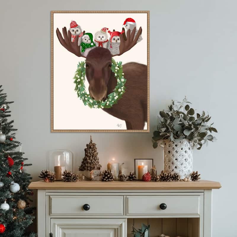 Christmas Moose and Christmas Owls by Fab Funky (23 x 28 in.), Framed Canvas Wall Art Print - Sylvie Beaded Rustic Natural