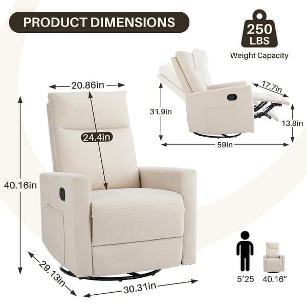 dimension image slide 2 of 3, Recliner Chair, Swivel Rocking, Glider Rocker Recliner, Nursery Chair With Footrest For Living Room