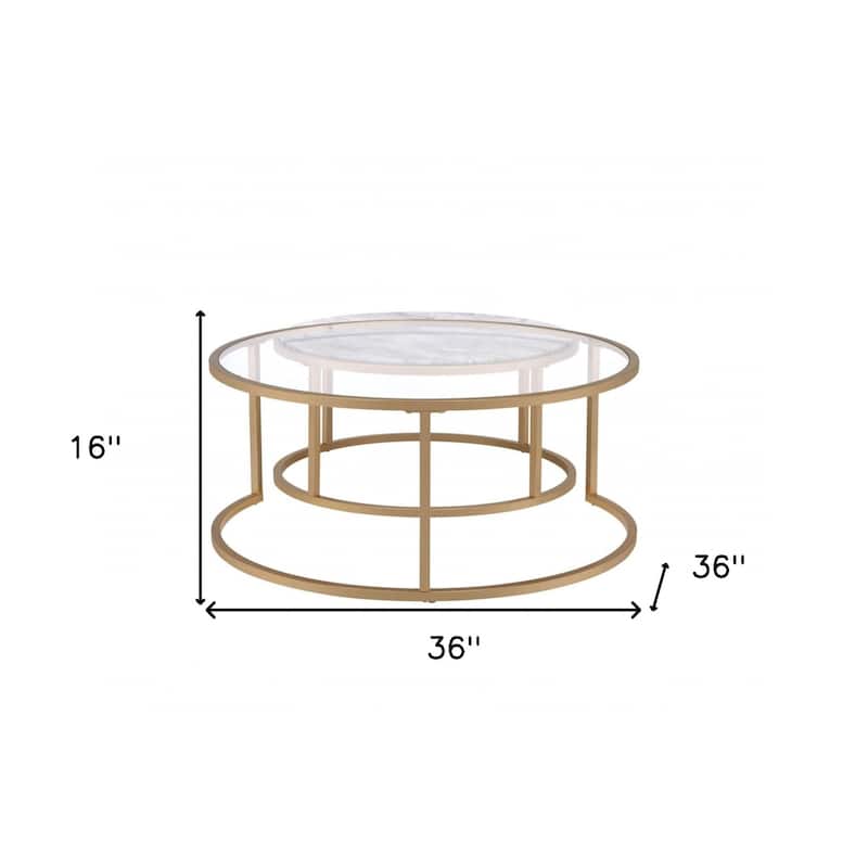 Set of 2 Round Nesting Coffee Tables Glass Faux Marble Gold Metal Frame - 36” x 36” x 16”